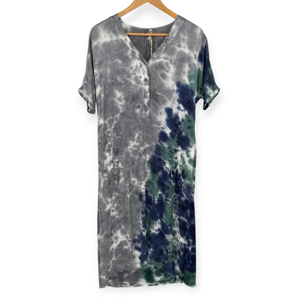 XCVI Tie Dye V Neck Short Sleeve Midi Dress Size S Relaxed Fit Pocket Boho Artsy
